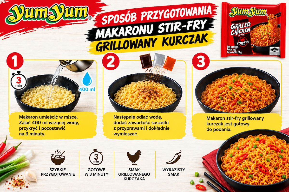 Sposób Przygotowania: Tajski Błyskawiczny Makaron Instant Stir-Fry Grillowany Kurczak 60g YUM YUM